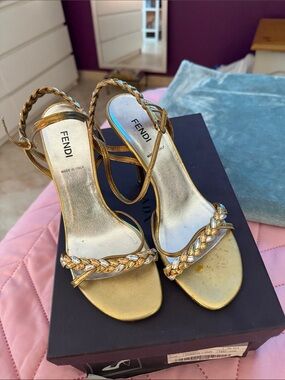 Fendi Gold Braided-Strap Open-Toe Heeled Sandals